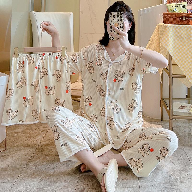 Short-Sleeved Pajamas Three-Piece Korean Version Of Sweet And Cute Cardigan Women'S Loungewear
