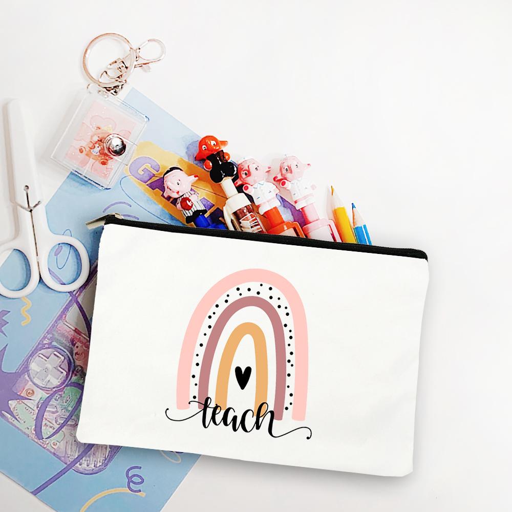 Blessed Teacher Life Leopard Makeup Bags Student White Pencil Pouch Teacher Shopping Handbag Storage Bag Teachers' Day Best Gift