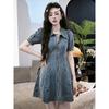 Plus-Size Women's Retro-Style Polo Collar Denim Short-Sleeve Dress 2026 Summer Slimming Elegant Mid-Length Dress