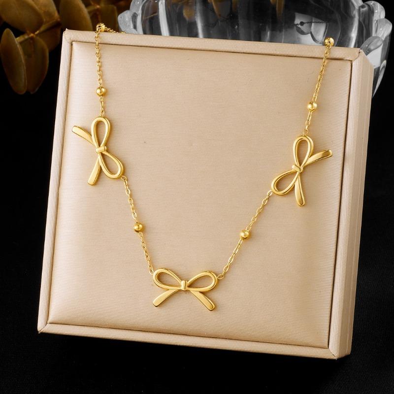 

Gold Plated Open Bow Charm Beaded Necklace, Dainty 3D Hollow Bow Pendant Link Chain, Cute Minimalist Jewelry for Women Gift золотой