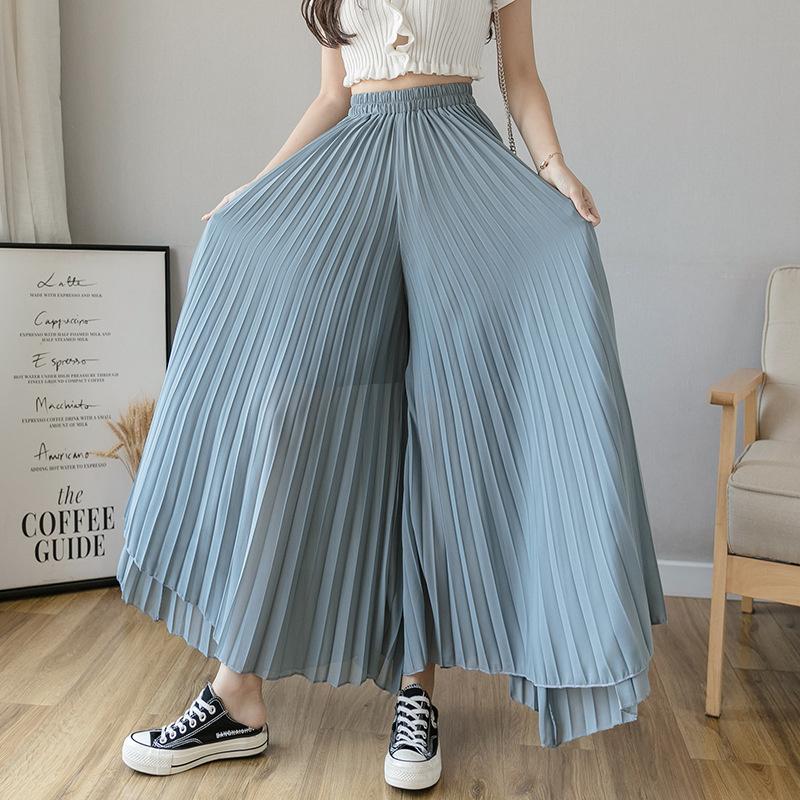 Damen Elegante Chiffon Hose mit hoher Taille und weitem Bein Lässige Koreanische Mode Plissierte Lockere Hose Kleidung Comodi Pantalones De Mujer