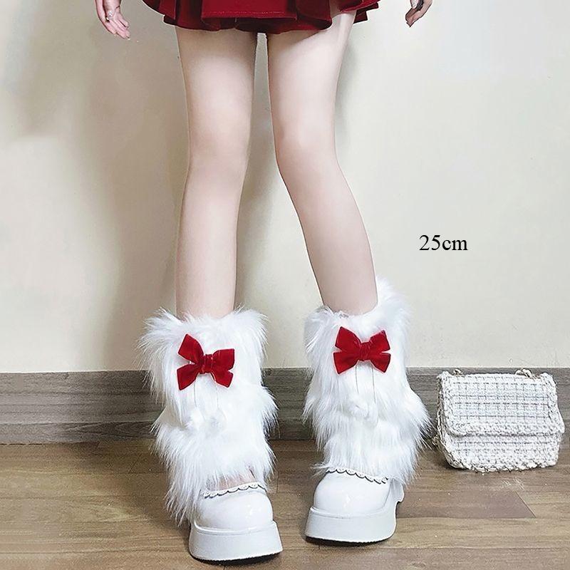Bowknot Plush Leg Warmers - Autumn/winter Faux Fur White Mid-calf Socks