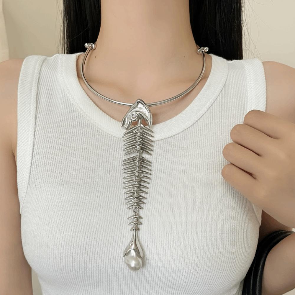 Zink Zinklegering Stor Fiskeknoglet Vedhæng Choker Halskæde Nyhed Design Fiskeknoglet Halskæde Til Kvinder