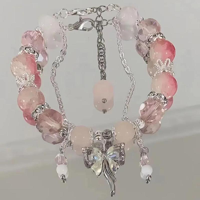 Bracciale con Perline e Ciondolo a Forma di Fiore Rosa di Cristallo Coreano e Farfalla per Donne, Catena Dolce con Perle, Gioielli Regalo per Fidanzata