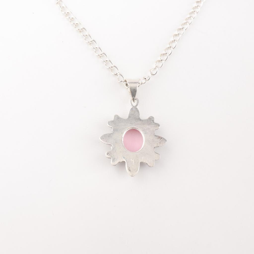 Natura Pink Cat's Eye Gemstone 925 Sterling Silver Handmade Leaf Pendant 1.62" CP-12-44