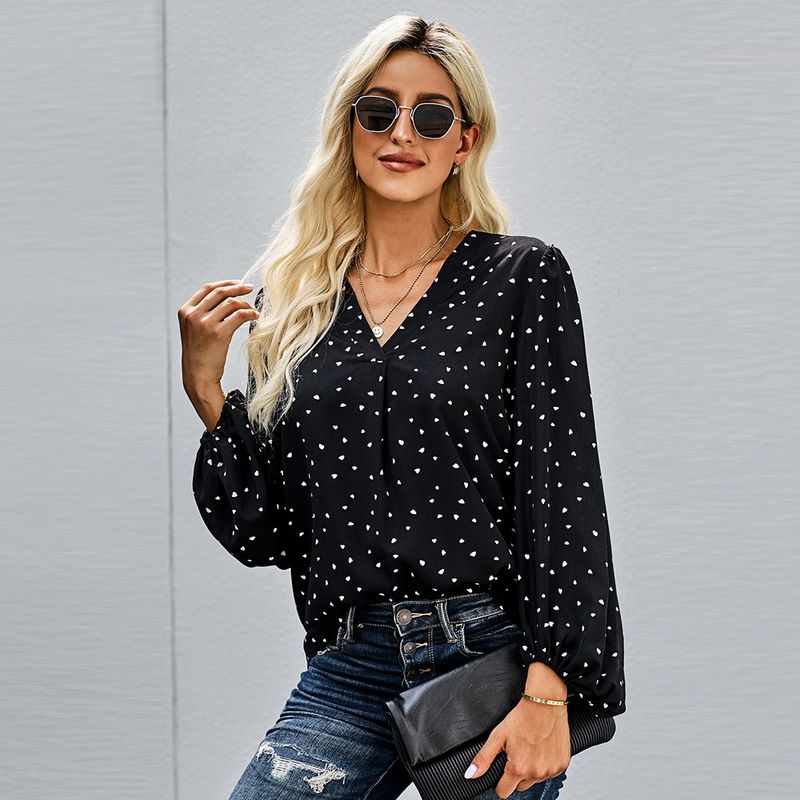 Plus Size V Neck Dotted Prints Loose Long Sleeve Shirt