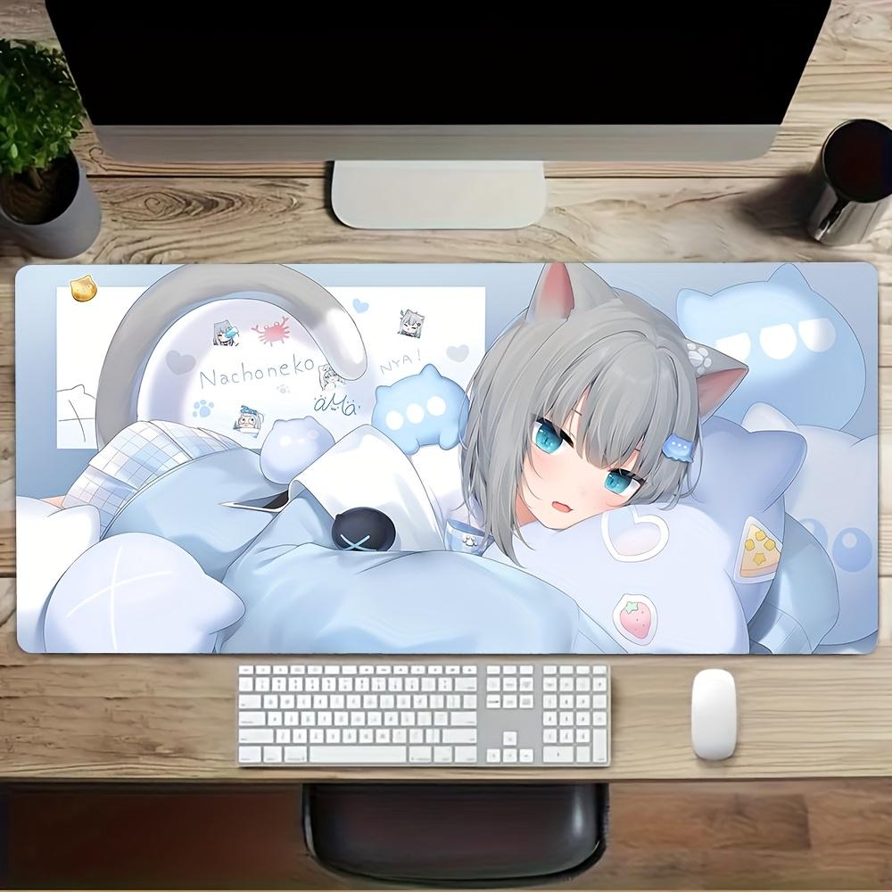 Gaming Mouse Pad Large Desk Mat Antislip Stitched Edges Light Blue Cat Girl Anime Print Keyboard Pad for Gamer Home Office