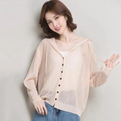 Women's Spring and Summer Solid Colour Hooded Knitted Cardigan Loose Ice Silk Outer Sun Protection Jacket