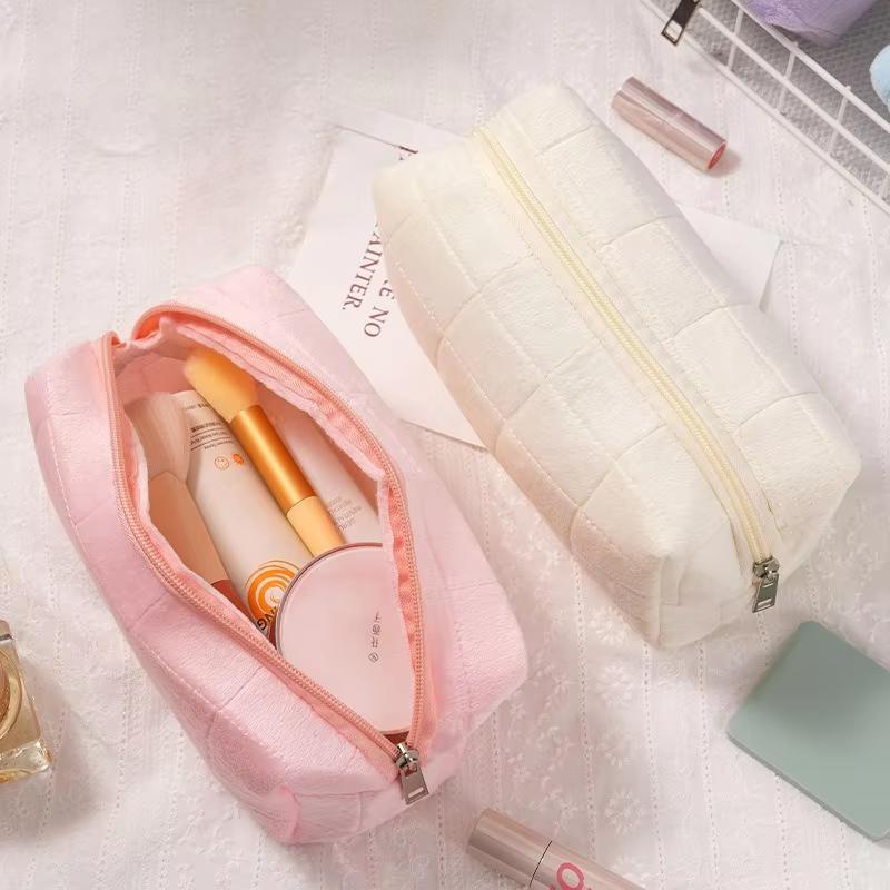 Cute Soft Plush Small Cosmetic Bags Portable Travel Pouch Solid Color Zipper Toiletry Storage Organizer for Women Makeup Bags