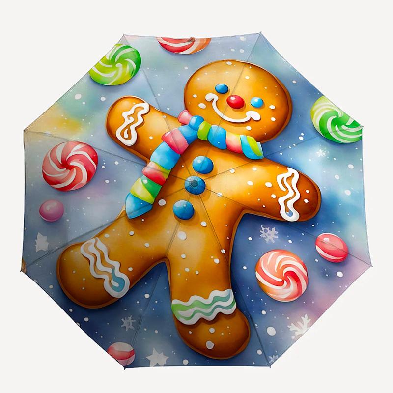 1pc Gingerbread Man Automatic Folding Umbrella, Portable 3-Fold Design with 8-Bone Iron Frame, Perfect for Festivals, Travel, Daily Use, and Gift Givi