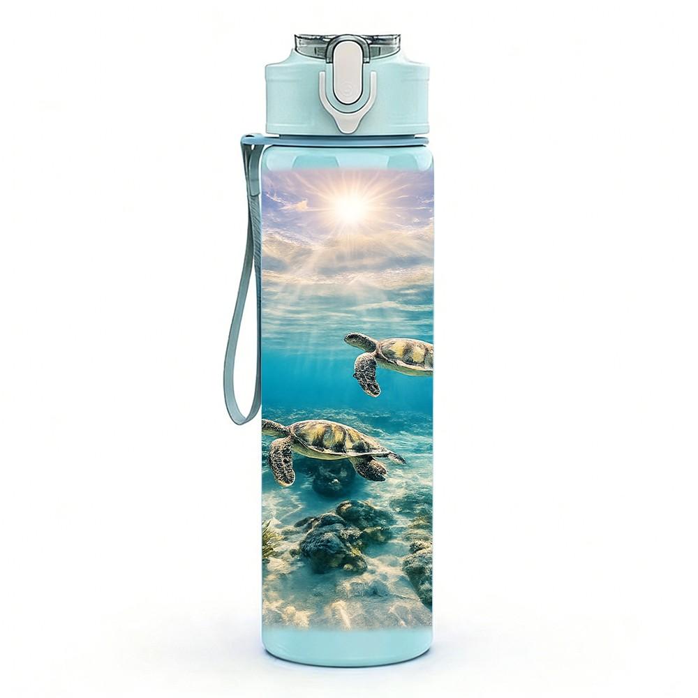 1PC Underwater Ocean Sea Turtle Print 750ml Color Plastic Sports Water Bottle Leakproof Flip Straw Lid Suitable for Sports Office Home Use