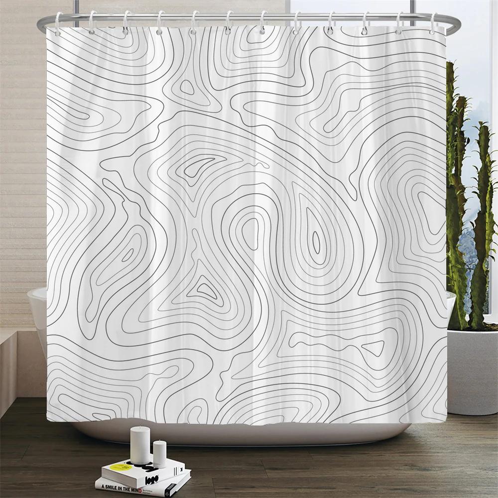 Black and White Geometric Pattern Shower Curtain Bathroom Waterproof Polyester Fabric Bath Screen Curtain Decor for Bathtub