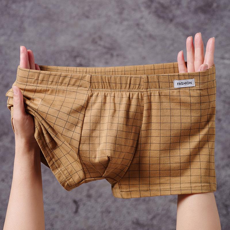 Men's Plaid Cotton Boxer Briefs - Antibacterial, Breathable, Loose Fit, Plus Size