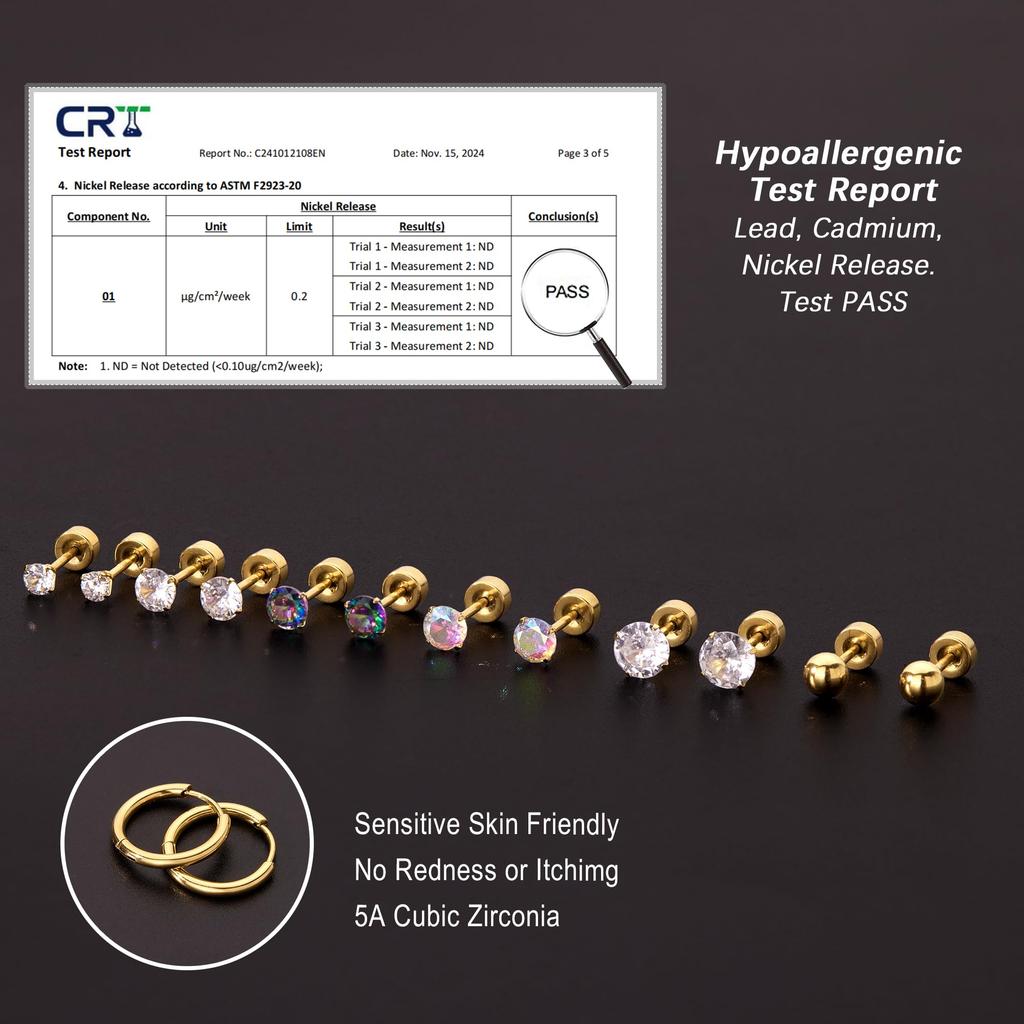 9 Pairs Flat Back Stud Earrings Sets for Multiple Piercing Small Silver Flat Back Surgical Steel Tiny Ball Pearl Cubic Zirconia