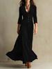 2025 Women's Solid Color Button-Up Lapel Dress with Cinched Waist and A-line Skirt, 3/4 Sleeves