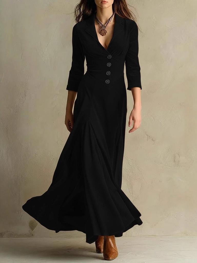 2025 Women's Solid Color Button-Up Lapel Dress with Cinched Waist and A-line Skirt, 3/4 Sleeves