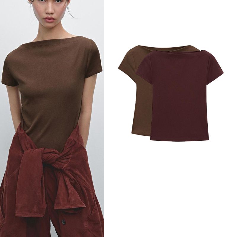 MD Summer New Arrival Women's Clothing American Casual Comfortable Cotton off-Neck Rib Short Sleeve T-shirt Top 6809107