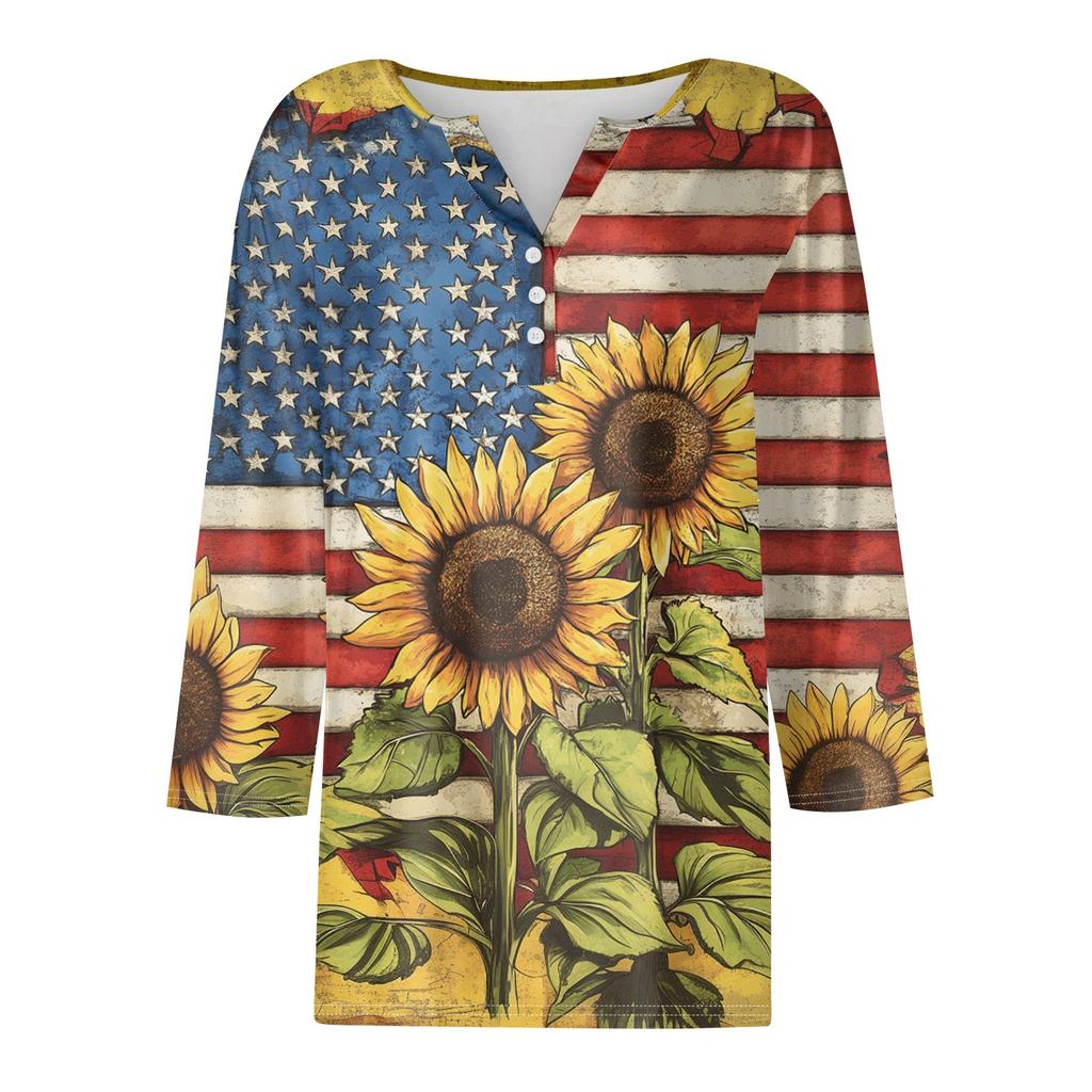 Women's T Shirt Tee Print Button 3/4 SleeveDaily Weekend Fashion Basic V- Neck Regular Top