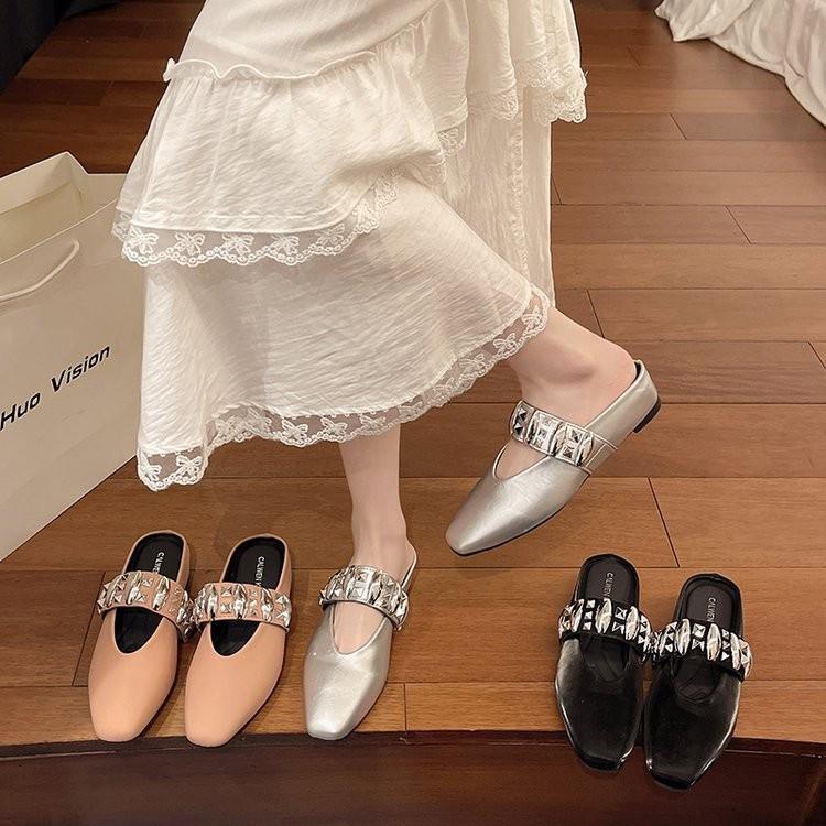 Frühling Sommer Neue Eckige Zehen Pantoletten Metallschnalle Dicke Sohle Damen Slipper Mules Schuhe Mode Koreanisch Vielseitig Kleid Slides