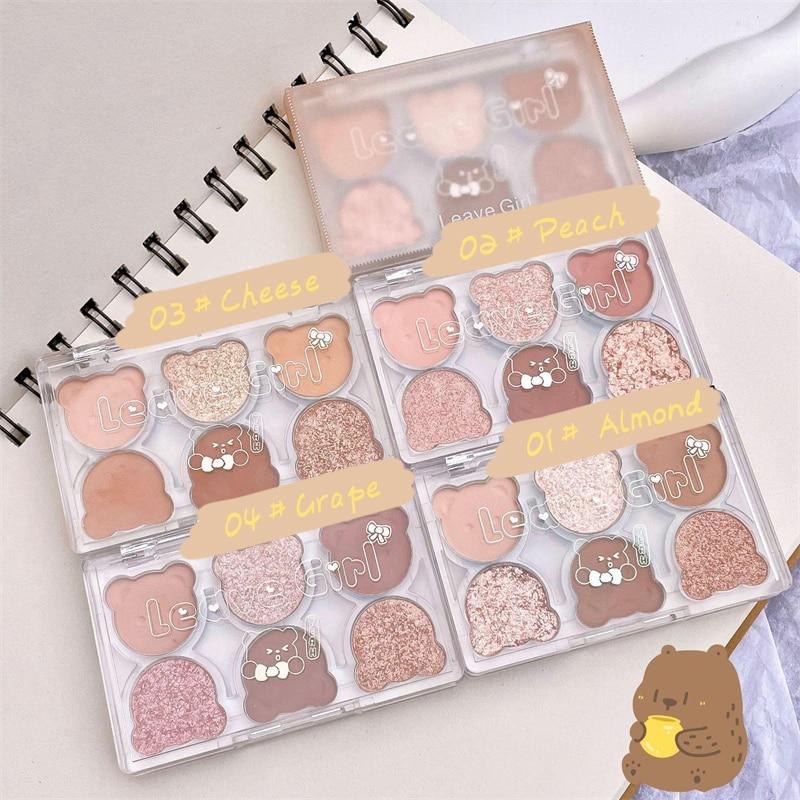 6-farbige süße Bären-Lidschatten-Palette, nackter Glitzer, perliger Lidschatten, matt, langlebig, Augen-Make-up-Palette, Kosmetik, XYZ