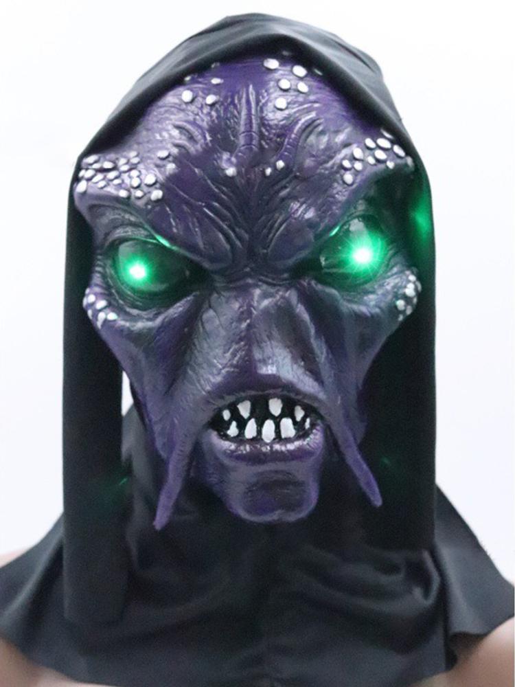 LED Glowing Green Eyes Alien Monster Mask in Purple Latex Full Head Mask with Tendrils Hood Scary Cosplay Party Halloween Props