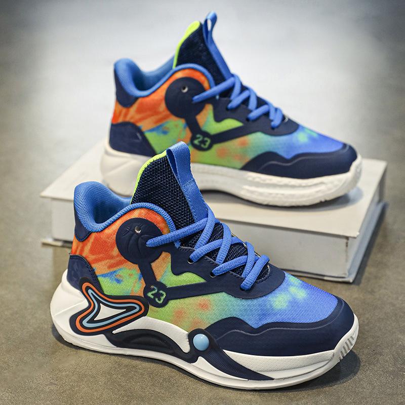 Children's basketball shoes spring and autumn boys high-top sports shoes 2025 mesh white shoes medium and older children's breathable running shoes