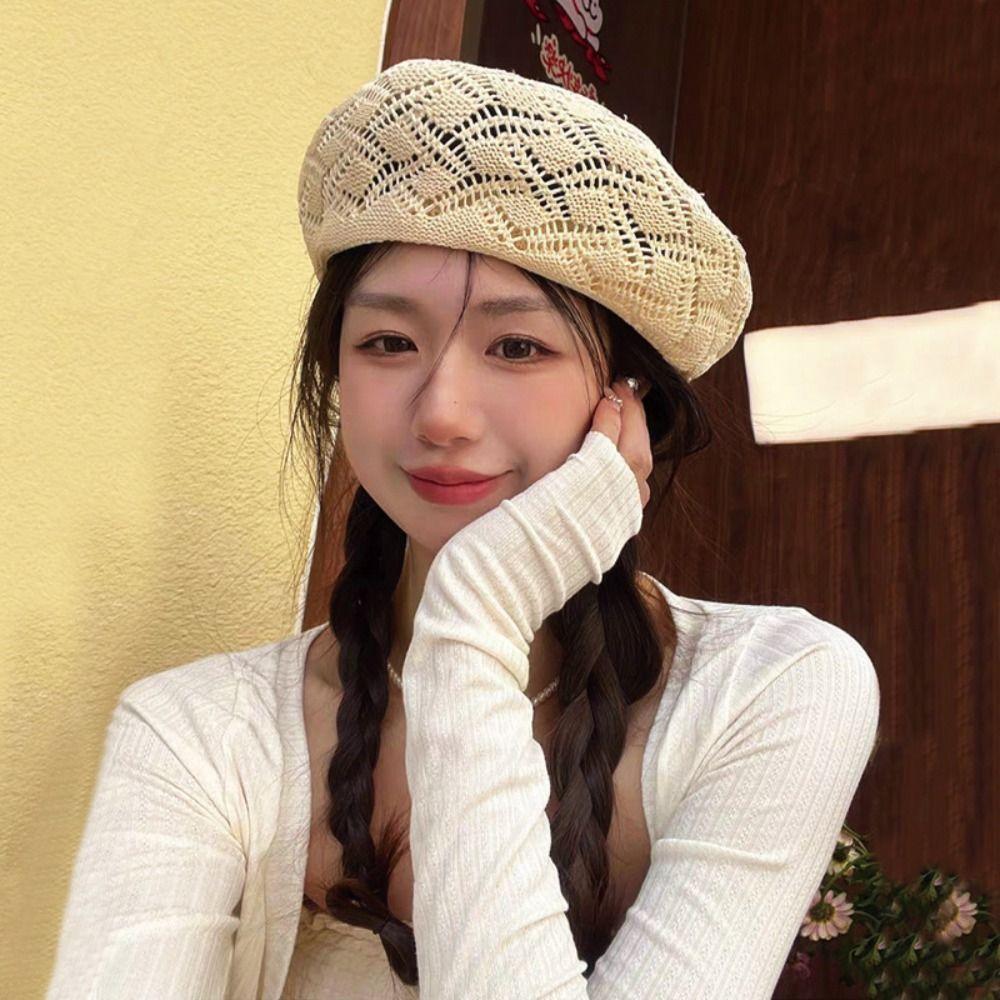 Fashion Solid Beret Cap Hollow Breathable Painter Hat Bonnets Outdoor