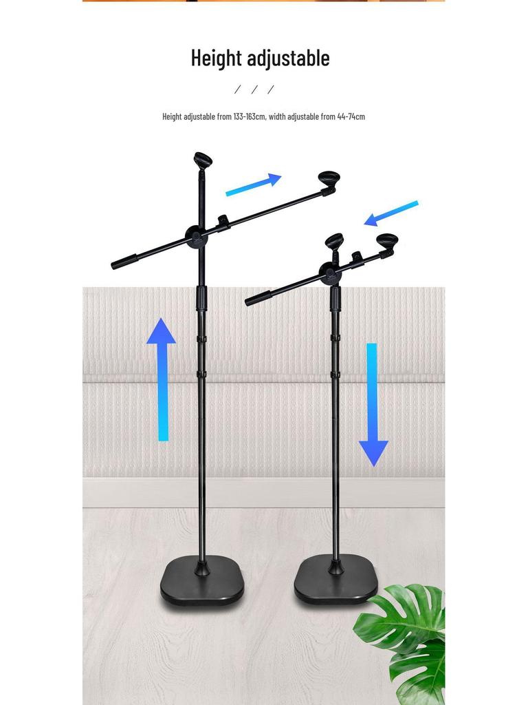 Adjustable Floor Microphone Stand with Retractable Boom Arm for Live Streaming, Singing, and Stage Use