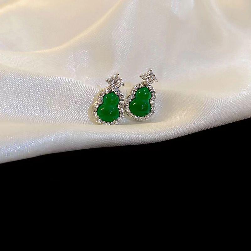 Vintage Chinese Style Green Gourd Zircon Inlaid Stud Earrings For Women