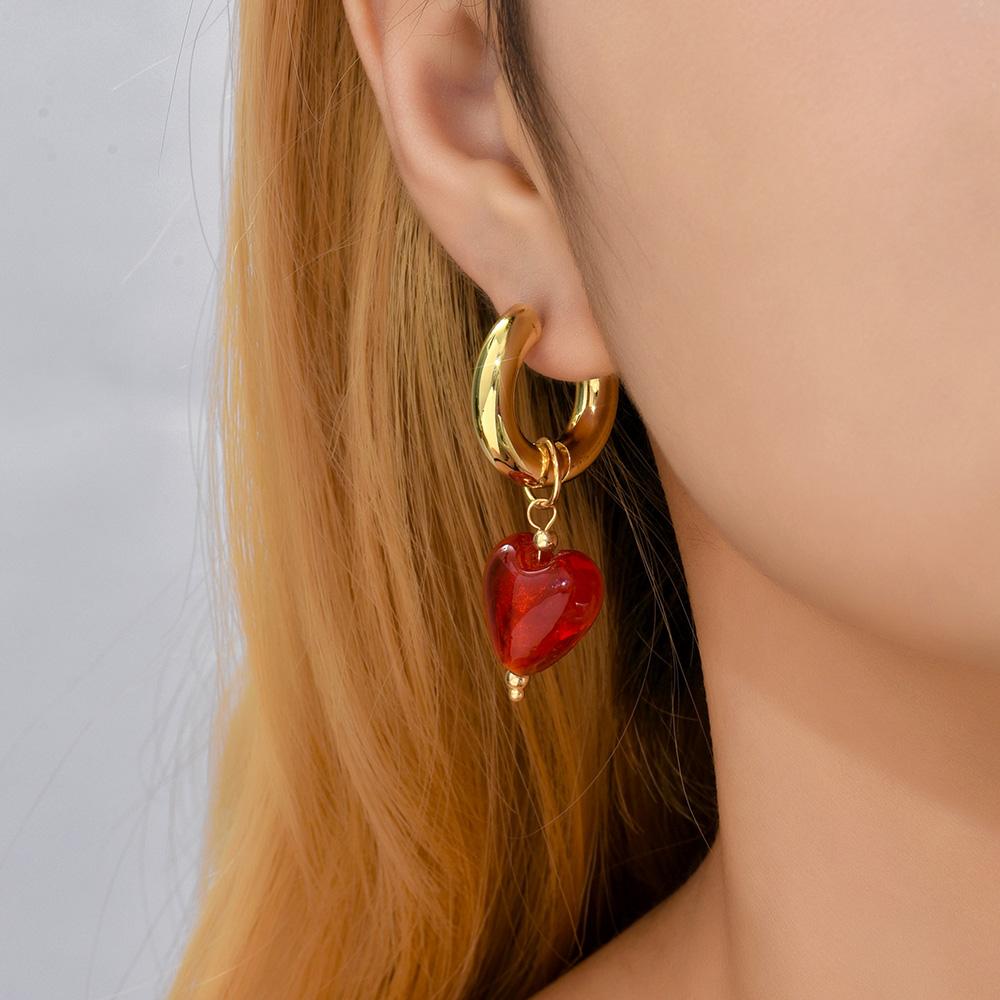 Colorful Glass Heart-shaped Pedant Drop Earrings For Women Stainless Steel Round Circle Hoop Hanging Earring Minimalist Jewelry
