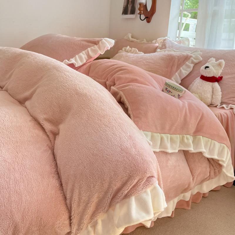 Double-Sided Thickened Milk Coral Fleece Bed Four-Piece Set Flannel Bedding Bed Skirt Fleece Sheet Quilt Cover