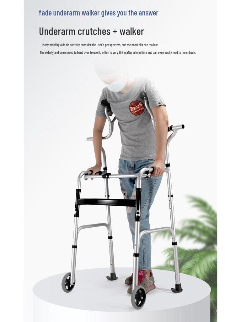 Aluminum Alloy Folding Walker with Wheels, Underarm Crutches, and Seat Cushion for Elderly Rehabilitation.
