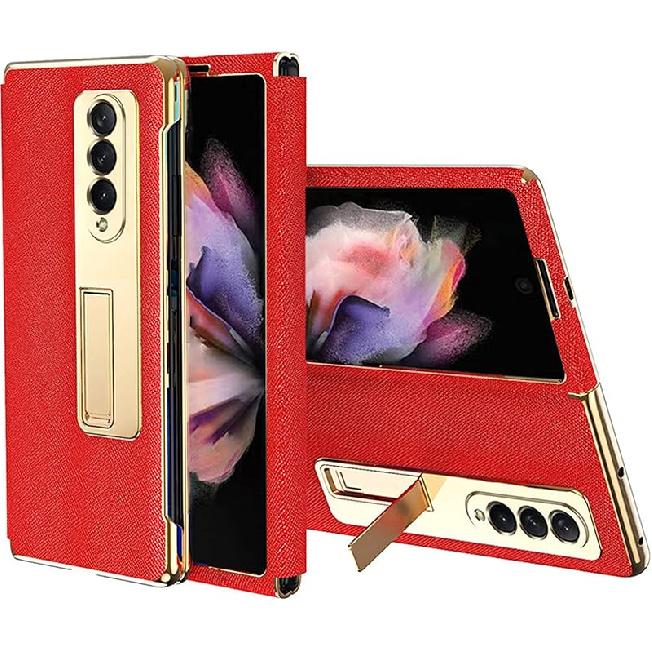 NINKI Luxury Gold Leather Hybrid Plating PC Case for Samsung Galaxy Z Fold3 5G, Shock Proof Protector Case with Stand, Compatible for Galaxy Z Fold3