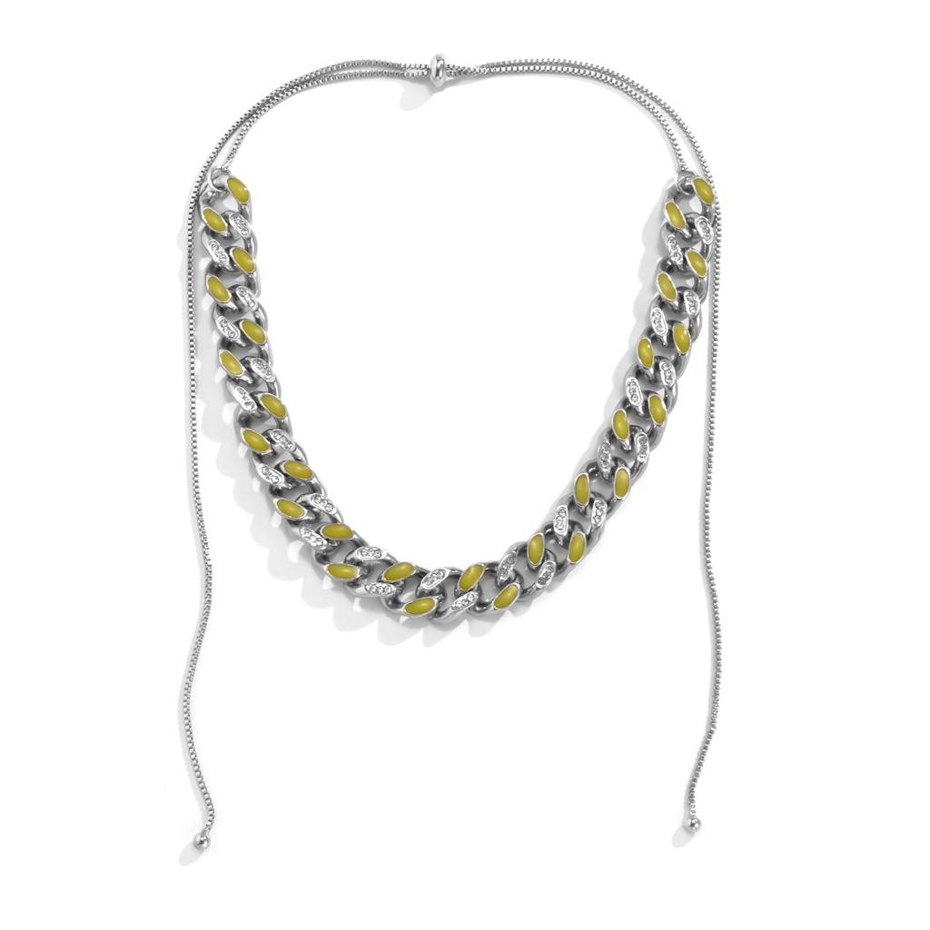 Punk Style Diamond-Encrusted Cuban Chain Necklace, Retro Dripping Oil Luminous Metal Chain Necklace For Women