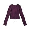 V-Neck Lace Trim Tie-Up Long Sleeve Slimming Bodycon Cropped T-Shirt for Women (Spring/Autumn)
