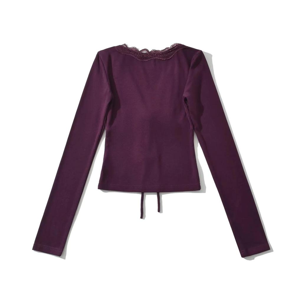 V-Neck Lace Trim Tie-Up Long Sleeve Slimming Bodycon Cropped T-Shirt for Women (Spring/Autumn)