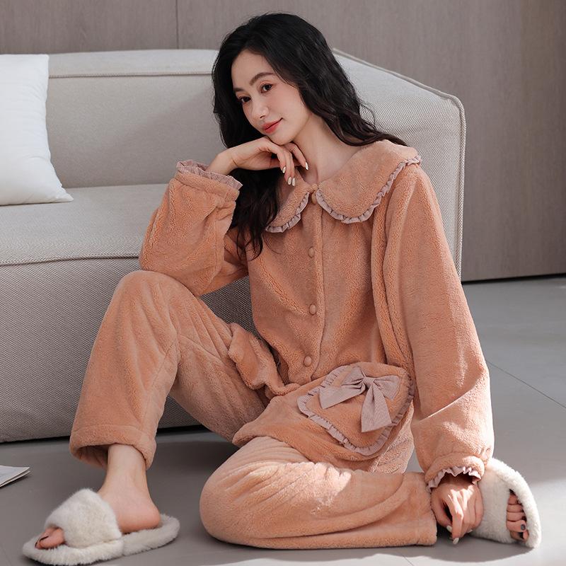 Coral Fleece Pajamas Women'S Autumn And Winter Fleece Thickened Flannel Furry Warm Loungewear Set
