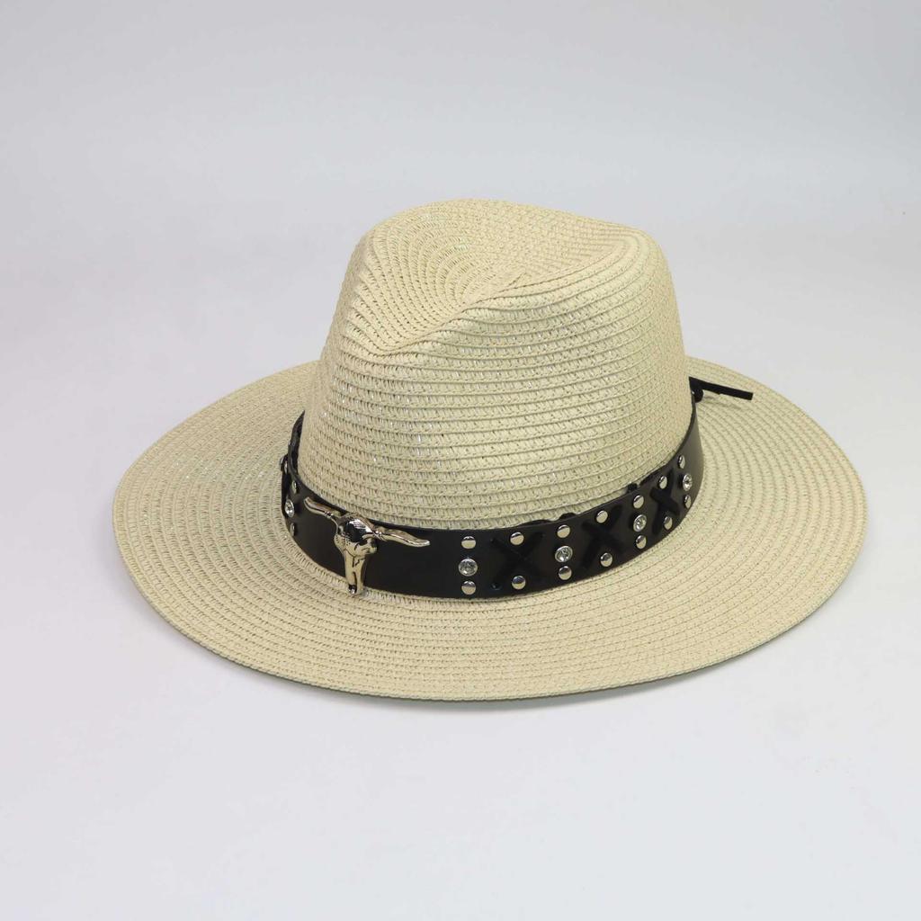 New cowboy top hat Panama British straw sunscreen visor men's and women's belt papyrus beach hat