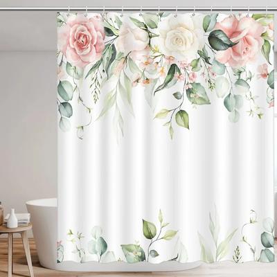 Waterproof Polyester Fabric Watercolor Pink Rose Flower Eucalyptus Leaves Fabric Shower Curtains with 12 Hooks