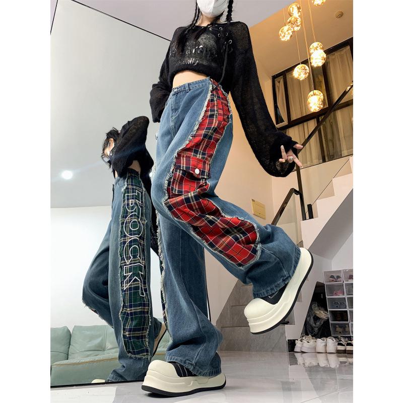 American Retro Plaid Patchwork Wide-Leg Jeans for Women Large синий