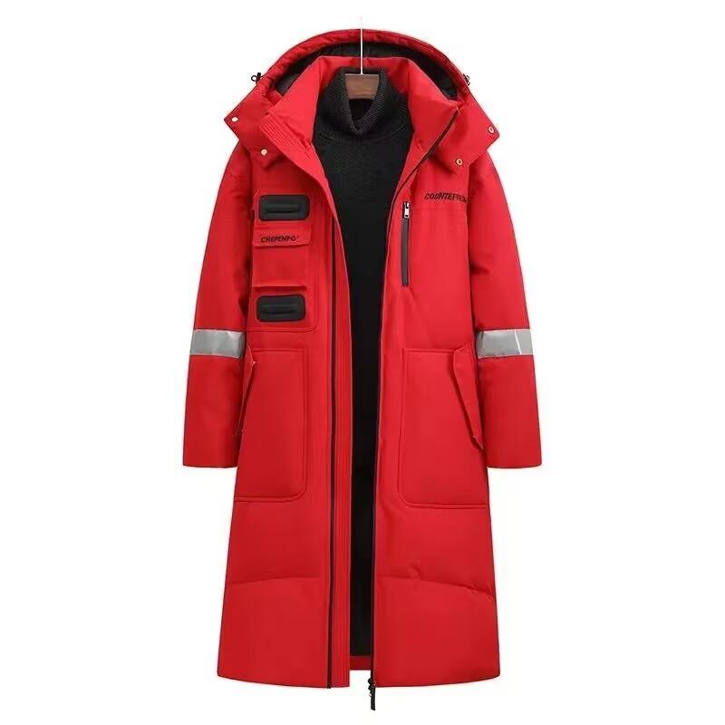 Men's and women's mid-length reflective stripes hooded cotton jacket thickened warm and cold-resistant comfortable feather silk down jacket