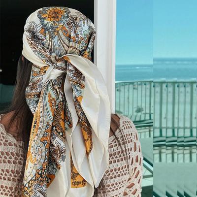 90*90cm Women Hijab Satin Square Scarf Paisley Cashew Print Silk Scarf Neckerchief Shawl Wraps Headband Hair Accessories Bandana