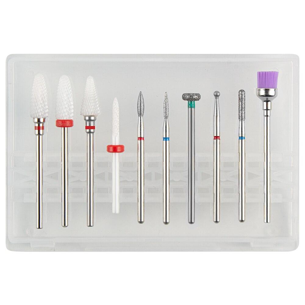 Sada 10ks fréz na manikúru Keramické vrtáky na nehty Čistič kartáč Diamantový mlýnek Příslušenství pro odstranění gelového laku