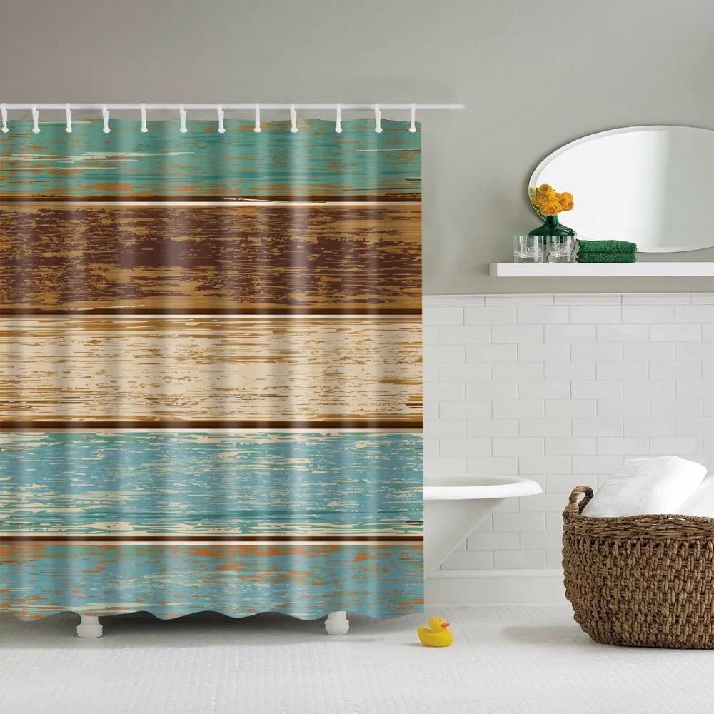 Vintage Style Wooden Door Bathroom Shower Curtains Frabic Waterproof Polyester Bath Curtain With Hooks