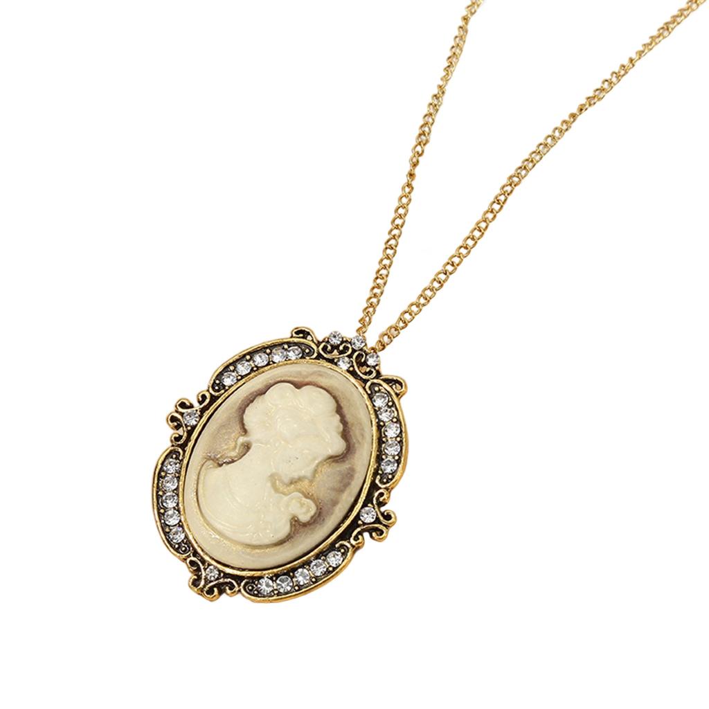 Oval Cameo Pendant Necklace with Crystal Rhinestones Handmade Vintage Jewelry Accessory Stylish Outfit Enhancer