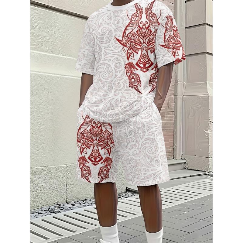 Men s 3D digital printing round neck short sleeve suit S
