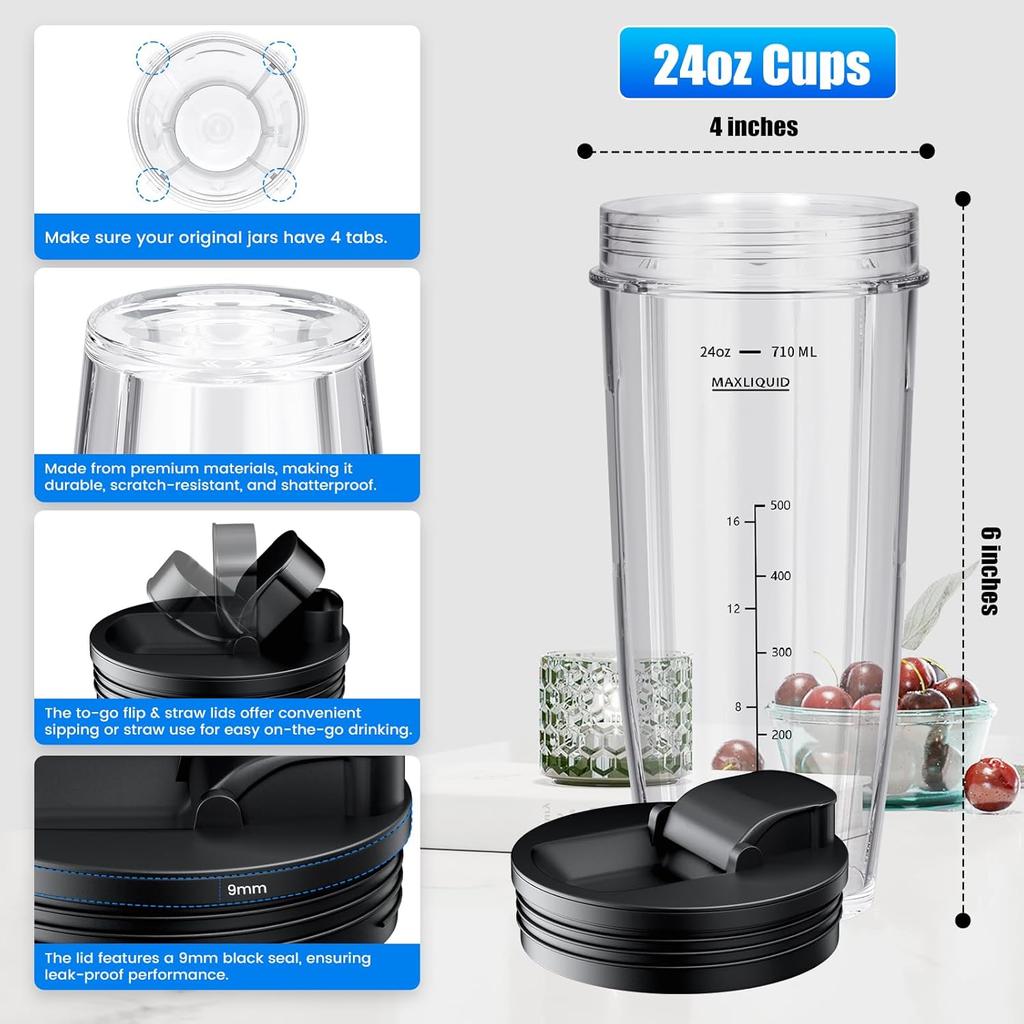 11-in-1 Blender Accessories, Blender Replacement Parts Compatible with Nutri Ninja, 24oz Blender Cups and Blade Assembly with Cross & Flat Blades for