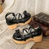 Fashion Women's Cross Strap JK Lolita Shoes Spring and Autumn Leather Outdoor High Heels Mary Jane Shoelaces Bow