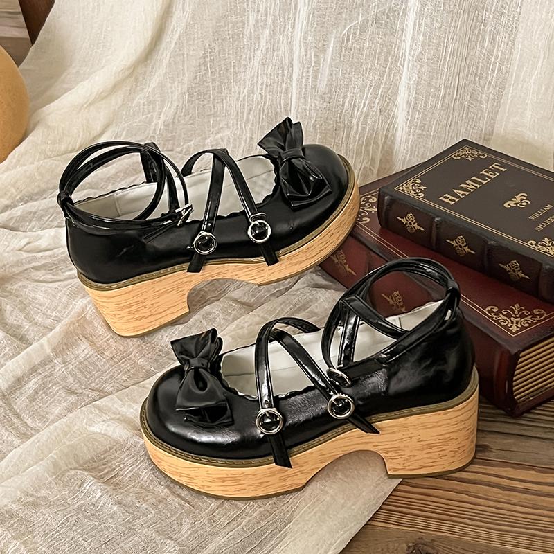 Fashion Women's Cross Strap JK Lolita Shoes Spring and Autumn Leather Outdoor High Heels Mary Jane Shoelaces Bow