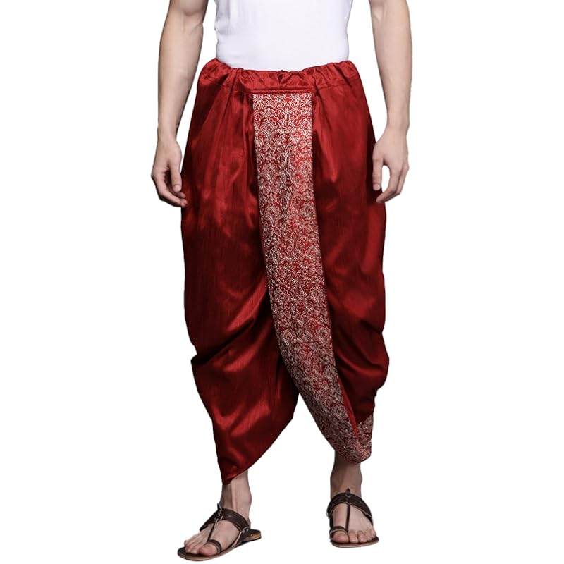 Manyavar Mens Maroon Art Silk Solid Dhotis